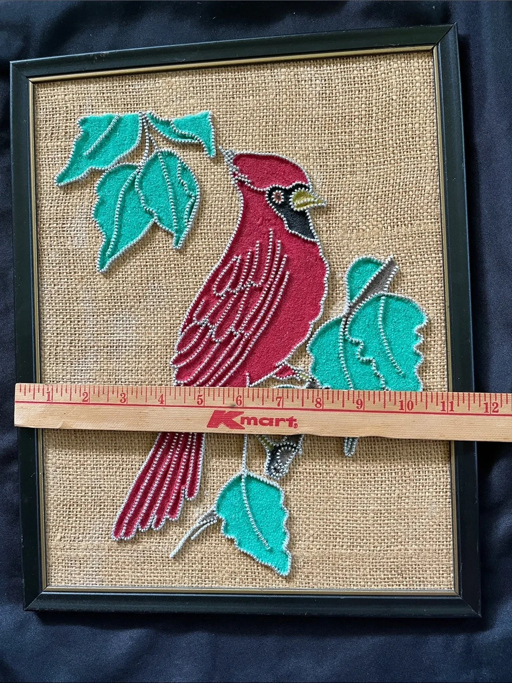 Vtg Mixed Media Zipper & Sand Art Framed CARDINAL Bird On Branch 11.75”x14.75”